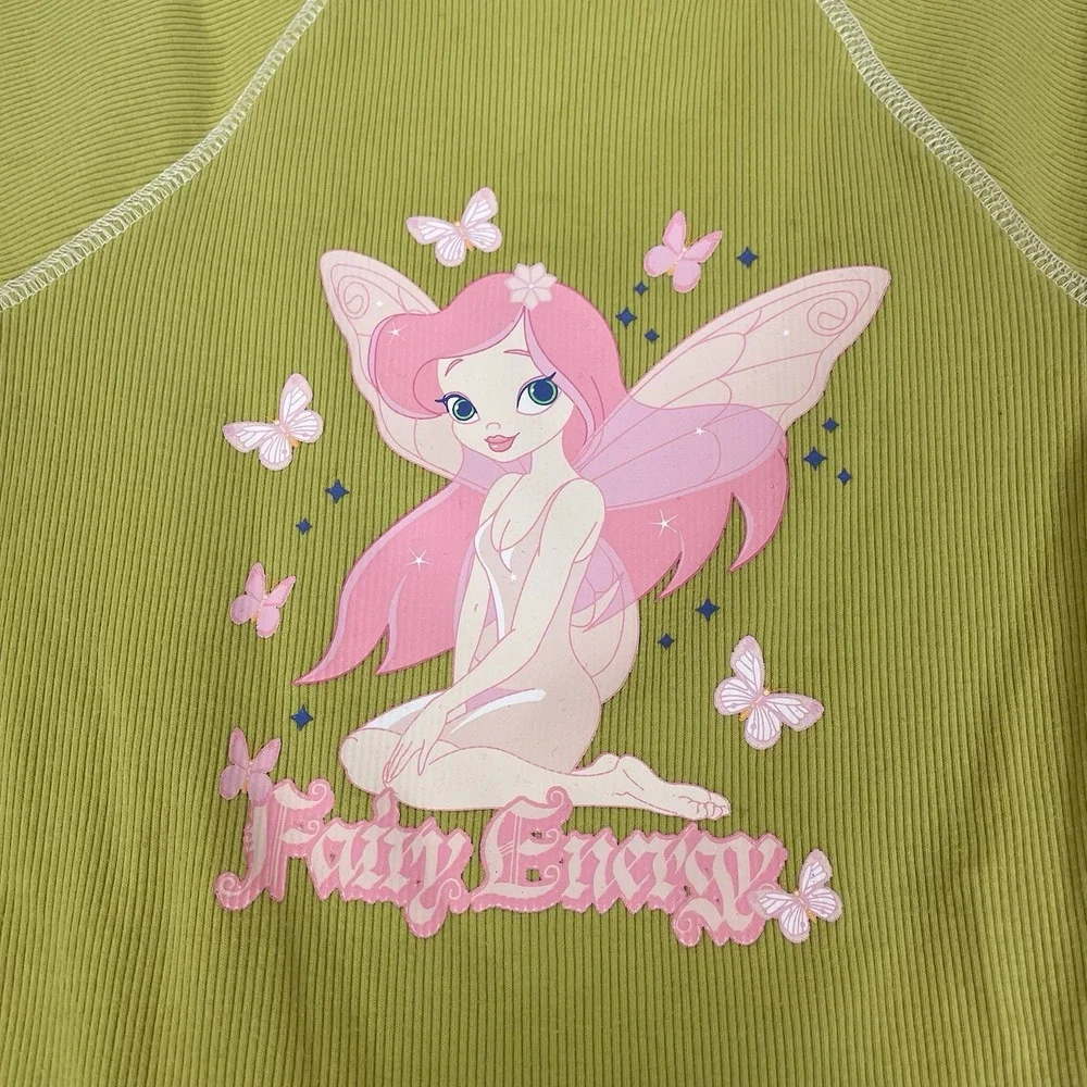 Forever 21 Kids Top Girls 5/6 Fairy Energy Graphic Print Fairycore Green Ribbed